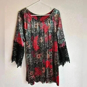 Ali Miles Top Women’s 1x Floral Paisley Velvet Lace Tunic Lagenlook Boho Holiday